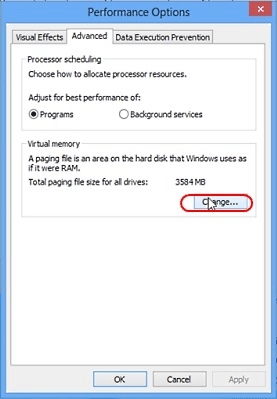 Windows 8 Advanced Settings, Performance Options, Change